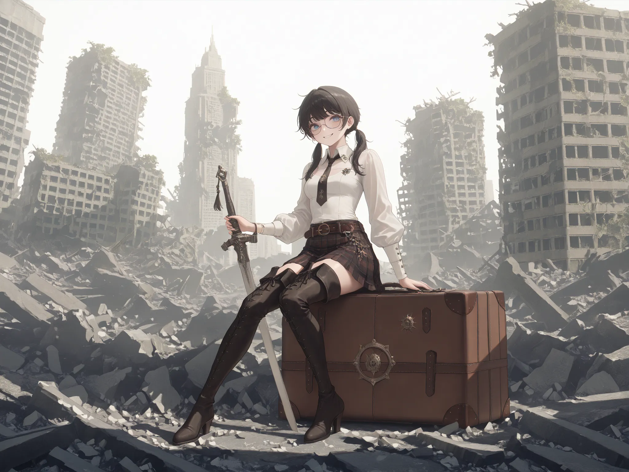 masterpiece, best quality, amazing quality, nieraccord, nierscene, scenery, city ruins, sitting on rubble, holding "beastcurse_sword", smiling, glasses, twintails, necktie, thigh boots, belt, white shirt, sitting on suitcase, plaid skirt a large old fashi...