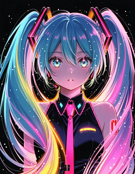 ccsacl,, Hatsune Miku,limited palette,black background,colorful,vibrant,glowing outline,neon,blacklight,looking at viewer, masterpiece, very aesthetic