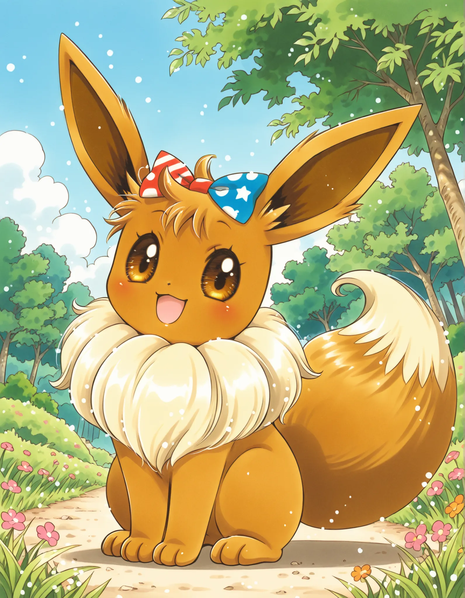 ccsacl,, pokekid, eevee, fluffy girl, furry girl, female, smile, smiling, has a big pretty bow in her hair, has animal paws for hands, 1girl, best quality, outdoors, high definition, cute,