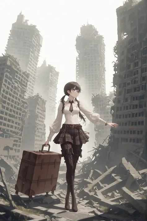 masterpiece, best quality, amazing quality, solo, 1character, nieraccord, nierscene, scenery, city ruins, walking, crossed legs, arms stretched out to the side, glasses, twintails, necktie, thigh boots, belt, white shirt, plaid skirt carrying a large old ...