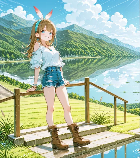1girl, solo, smile, boots, long_hair, brown_hair, shorts, jewelry, white_background, full_body, simple_background, blue_eyes, looking_at_viewer, necklace, denim, blush, shirt, bracelet, feathers, standing, denim_shorts, fringe_trim, white_shirt, headband, ...