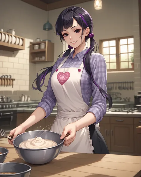 Anime woman with thin black hair, doe eyes, black eyes, soft and kind personality. Has one purple highlight, twin low long pigtails, solo, blurry background, hair styled, casual house clothes, in the kitchen, wearing an apron, motion blur, angle view, cook...