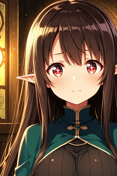 18+, elf, dark brown hair, long, red eyes, работяга в каске и костюме работника