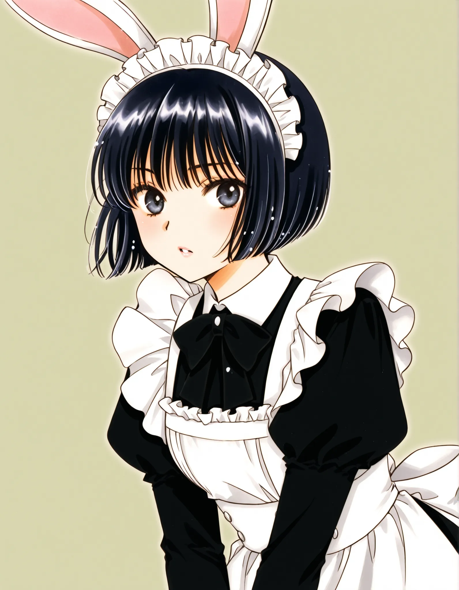 ccsacl,, one woman、solo, Maya Hell,black eyes,dark hair,bob cut,Maid Outfit、White Apron、White Headdress、 with rabbit ears、cafe