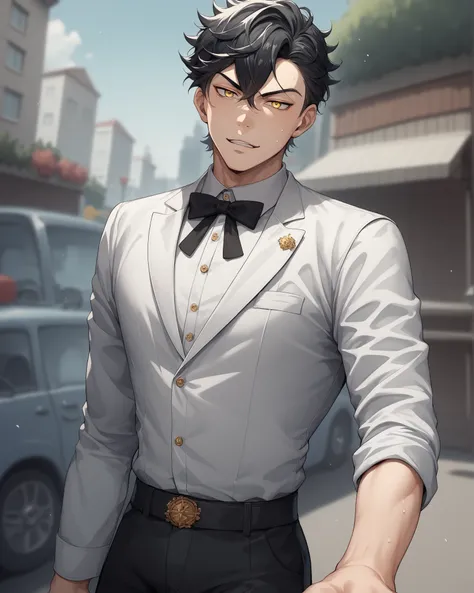 Anime man with thin black hair, yellow sharp eyes, emotionless and cold personality, solo, blurry background, side sweeped hairstyle, mafia, motion blur, angle view, view on him, cold and emotionless expression, mono