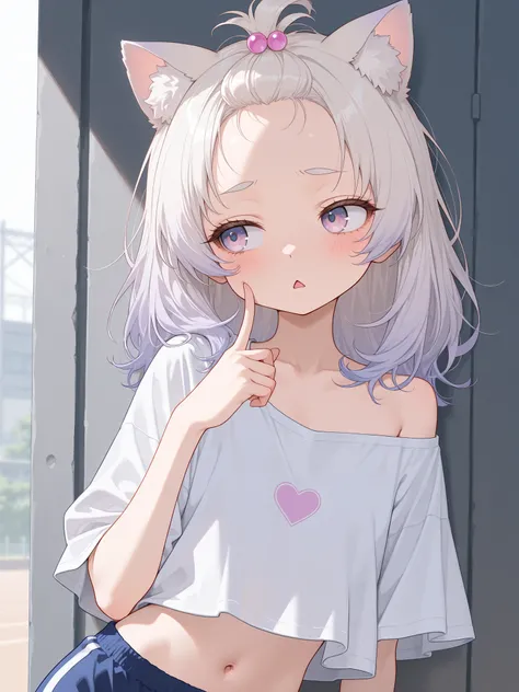 ((Masterpiece)), ((best quality, amazing quality)), ((very aesthetic, absurdres, newest)), (8K), ((wide shot)), ((1girl)), (cute young girl), (Healthy body, Textured skin, small chest, tilt head), ((platinum-gold hair)), (loose cropped shirt, shirt overhan...
