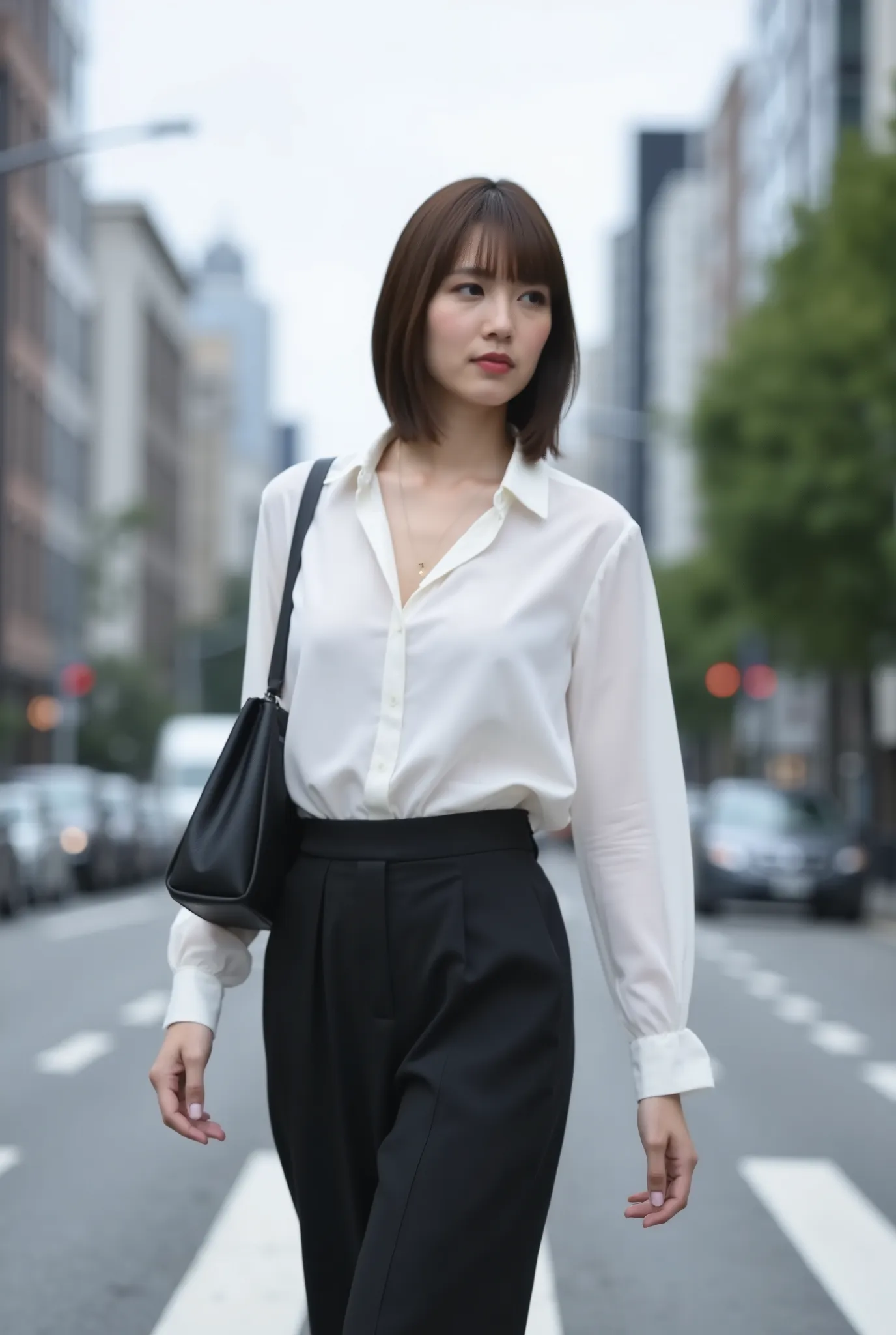 A sleek and alluring Japanese woman with short hair, walking through a broad downtown crosswalk under overcast skies, wearing a minimalist white fitted blouse tucked into dark high-waisted wide pants, open neckline showing her collarbone, framed from head ...