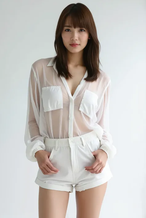 A gorgeous Japanese woman in a sheer blouse tucked into high-waisted shorts, braless but tastefully posed, standing under soft spotlight in a minimalist studio. Her confident expression and posture emphasize both fashion and allure. Clean background, edito...