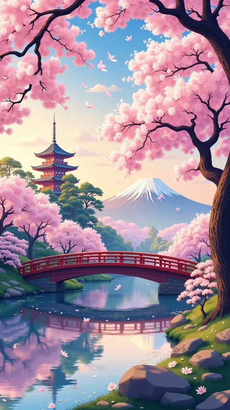 (Digital Paint)、(Top Quality)、Quiet Japanese garden、cherry blossoms in full bloom、Carp Pond、Pedestrian bridge、tower、Ukiyo-e style、Hokusai Inspiration、Popular Devian Art、8K Ultra Realistic、Pastel Color Schemes、soft body lighting、golden hour、quiet atmosphere...