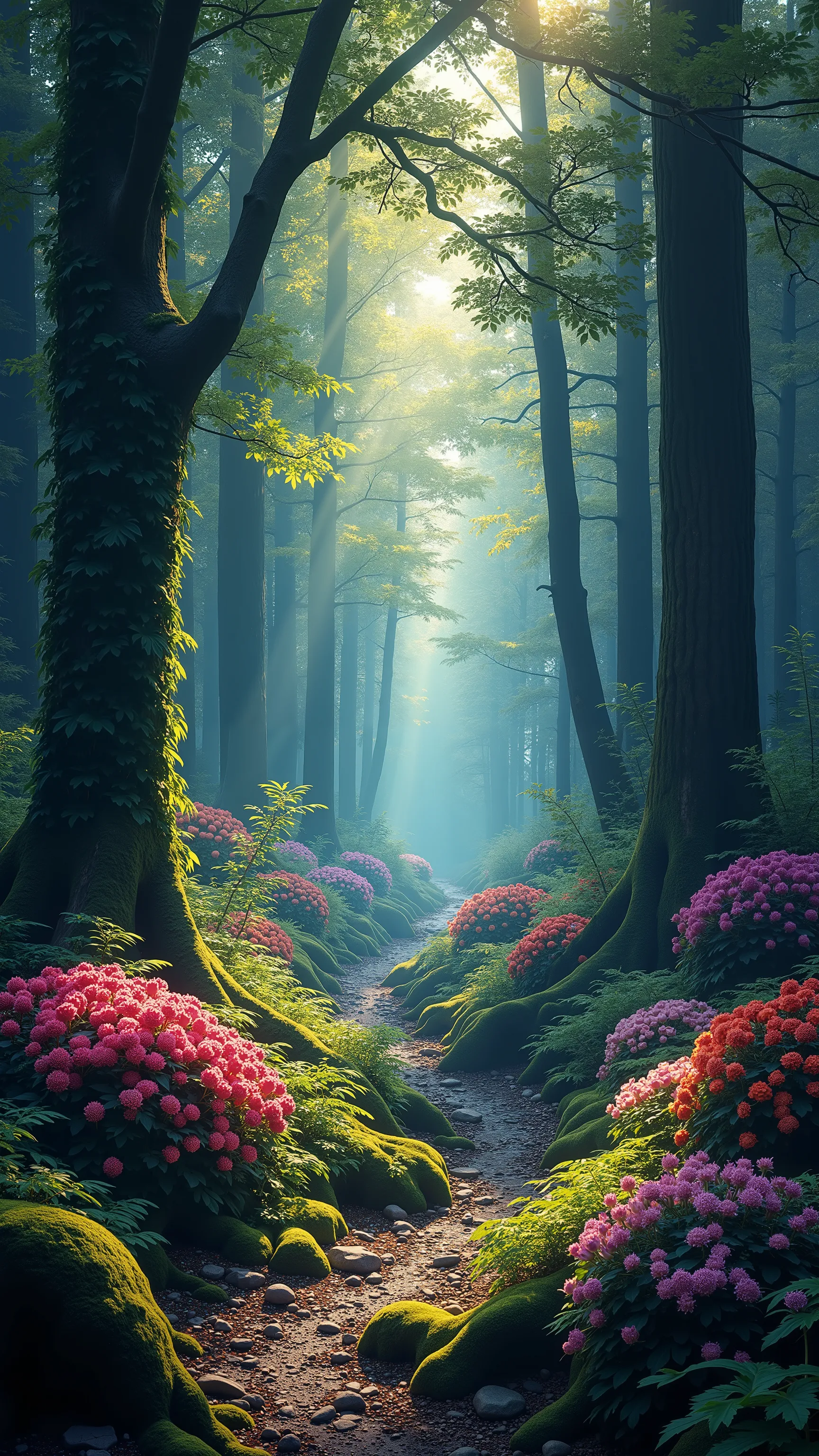  highdefinition images 、Forest Seen from Milan、 Deep Forest Paintings 、 Flowers and trees々Forest of 、 Magical Beings Hidden in Branches and Mysterious Colourful Forest 、 8k 、 (  High Quality Seven Colored Flowers  ) Forest Full of Fantasy Worlds 、 Milan's Soft Sunrise。