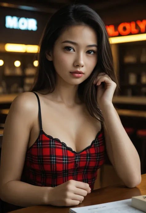 (masterpiece:1.4), (photorealistic:1.3), (ultra detailed:1.2), score_9, score_8_up, score_7_up, 1 asian girl, white skin tone, 18 year old, (seductive pose:1.3), (perfect feminine features:1.2), detailed features: bright captivating eyes, glossy lips with ...
