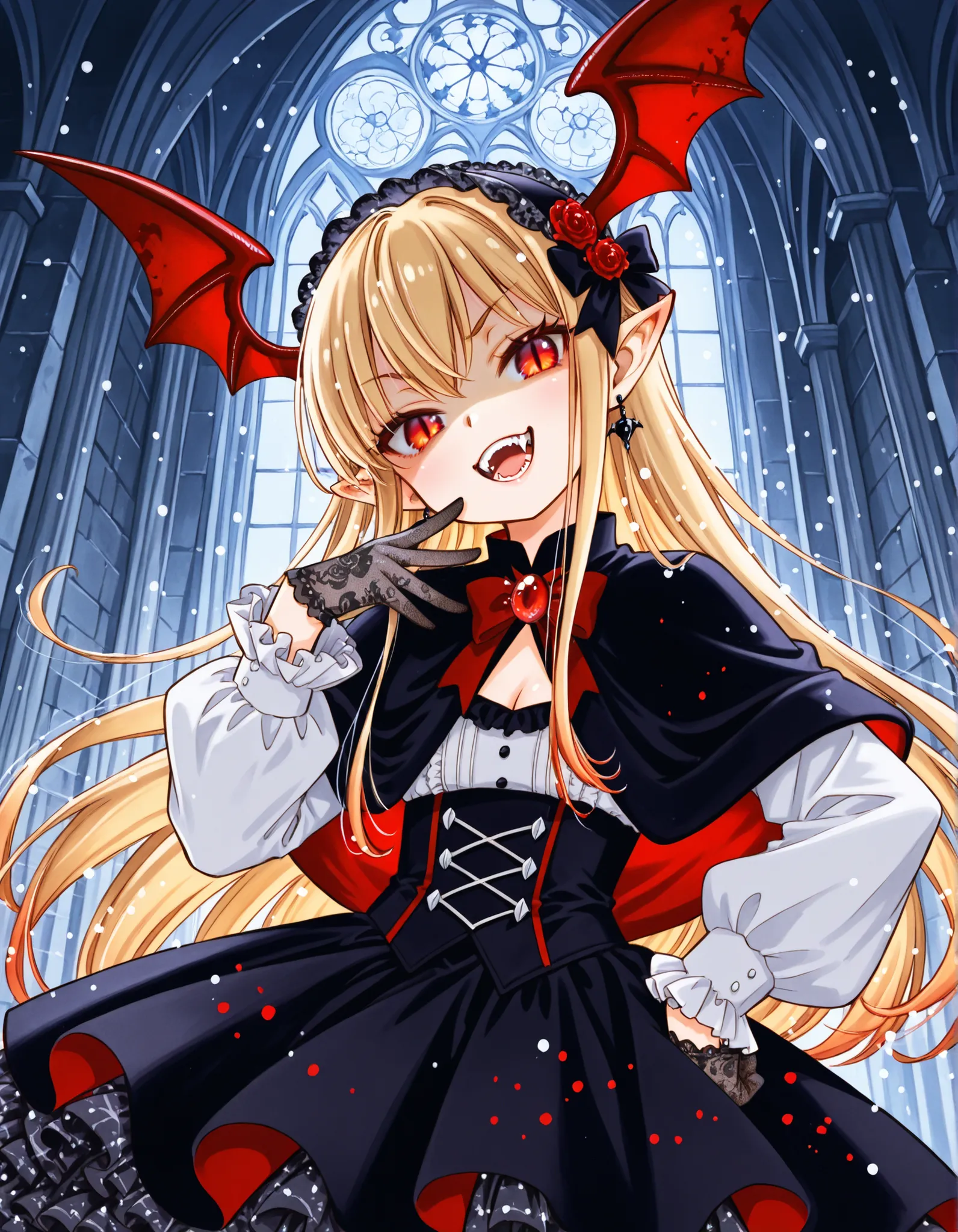 ccsacl,, VaniVampy, vampy, vampire girl, 1girl, solo, very long blonde hair, bangs, red eyes, head wings, pointy ears, fangs, slit pupils, black dress, gothic, long sleeves, frills, frilled dress, puffy long sleeves, hairband, hair bow, black earrings, cle...