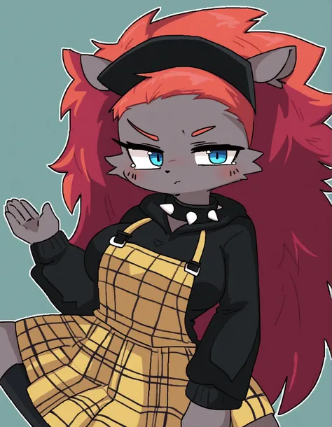 style1, style2, style3,, 1girl, solo, anthro hyena, furry, furry female, blue eyes, punk, grey fur, black hoodie, breast, spike collar, red hair,