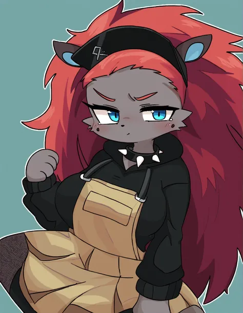 style3,, 1girl, solo, anthro hyena, furry, furry female, blue eyes, punk, grey fur, black hoodie, breast, spike collar, red hair,