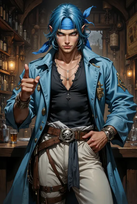masterpiece, best quality, beautiful and mature anime character illustration, fantasy realism, cinematic lighting, intricate details, sharp focus, professional, high quality, creative.
A handsome young man with a chiseled face, water-blue hair wrapped in a...