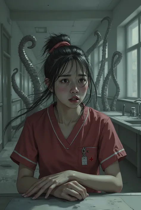 A frightened 20 year old Asian girl, beautiful face, black hair ties in a bun, wearing dark red nursing scrubs, sitting at a nursing station in a dark abandoned hospital, tentacles are coming up behind her in the background as she sits unaware, Eldritch ho...
