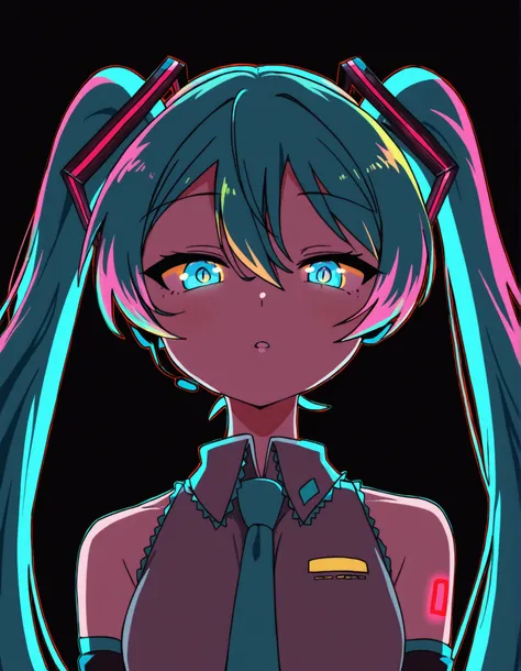 style1, style2, style3,, Hatsune Miku,limited palette,black background,colorful,vibrant,glowing outline,neon,blacklight,looking at viewer, masterpiece, very aesthetic