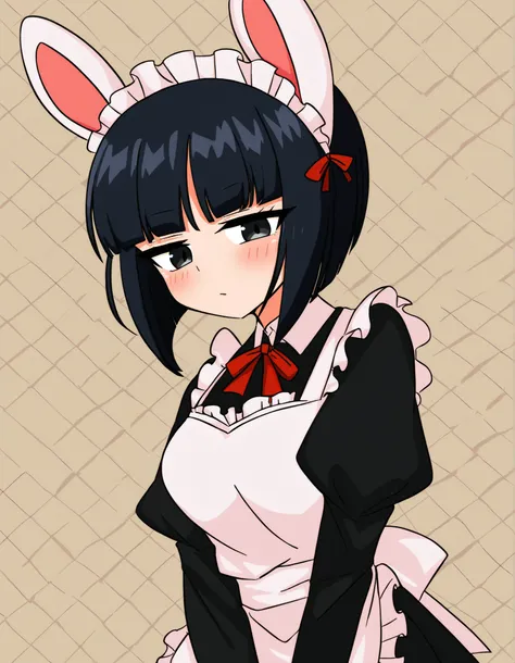 style1, style2, style3,, one woman、solo, Maya Hell,black eyes,dark hair,bob cut,Maid Outfit、White Apron、White Headdress、 with rabbit ears、cafe