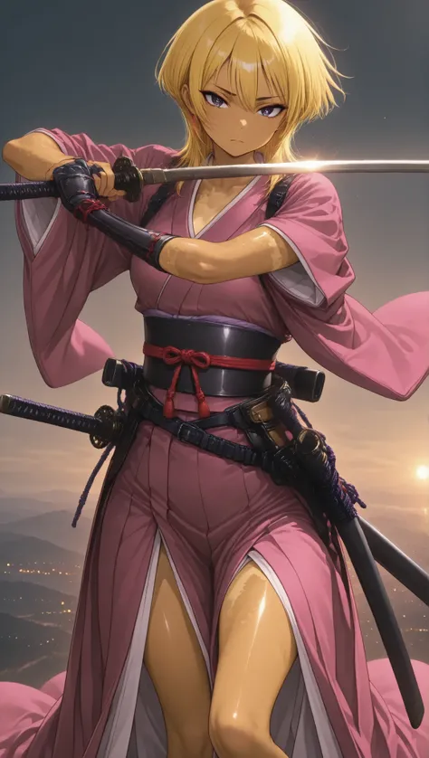 perfect,8k Resolution,very detailed,like the picture,Professional,bright color,Bokeh  ,Beautiful Samurai, holding a Japanese sword,combat action fighting enemies with swords,wolf cut,yellow hair,Brown Skin,thin legs,Japanese Kimono,perfect顔,anatomically ac...
