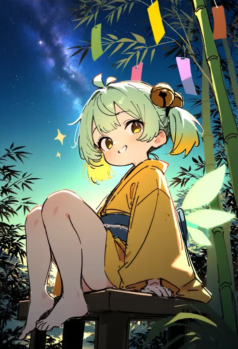 gaze averted:1.8, looking off to the side:1.8, not making eye contact:1.8, distracted expression:1.8, a tiny fairy sitting gently on a bamboo leaf, with transparent leaf-vein-like wings, short-cut hair styled into large looped twin-tails on both sides of h...