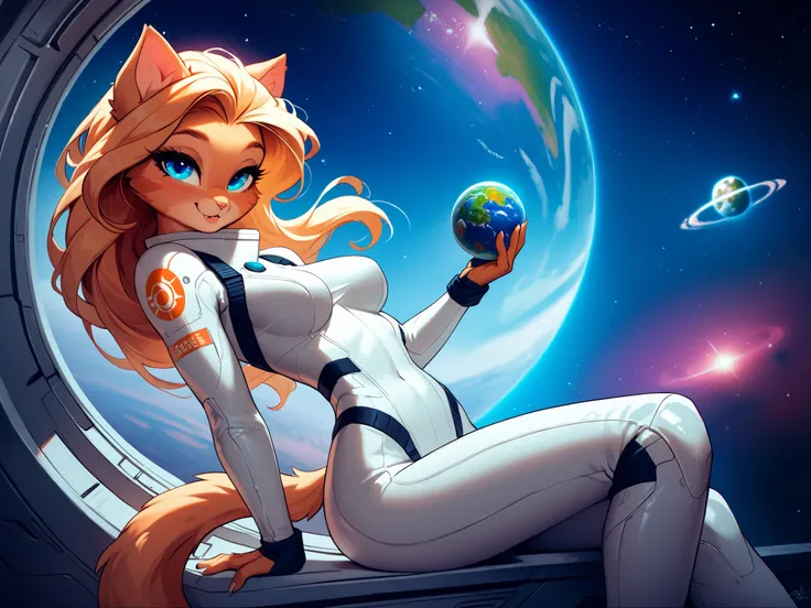 cute anthro cat girl with long blond hair and blue eyes, medium breasts, skinny, swishing tail, wearing a sexy spacesuit, sexy pose, bedroom eyes, very detailed, floating in outer space, spaceship nearby, planet in the background, stars