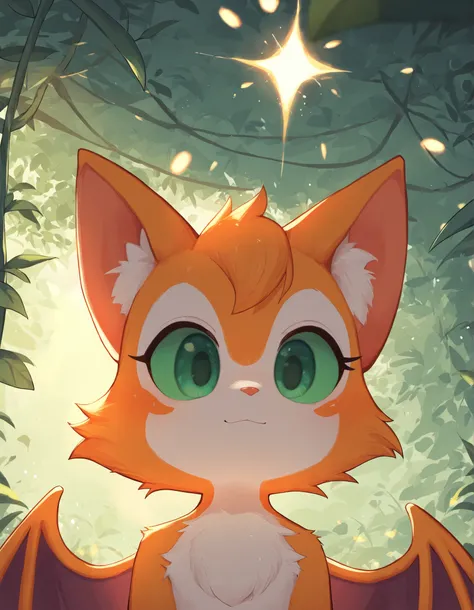 nakastyle,, masterpiece, best quality, very aesthetic, 1girl,, solo, furry, fidget \(elysian tail\), nimbat, fidget_daet, anthro, furry female, wings, tail, green eyes, colored sclera, bat wings, facial markings, orange fur, white fur, two-tone fur,membran...