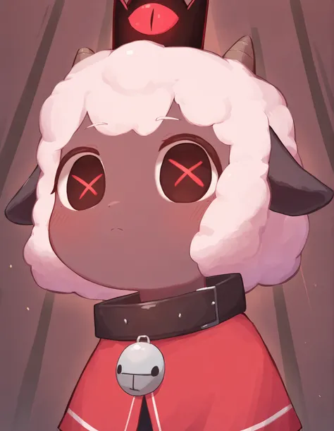 nakastyle,, masterpiece, best quality, very aesthetic, 1girl, solo, cult of the lamb, sheep girl, collar, horizontal pupils, red/black eyes, red crown,