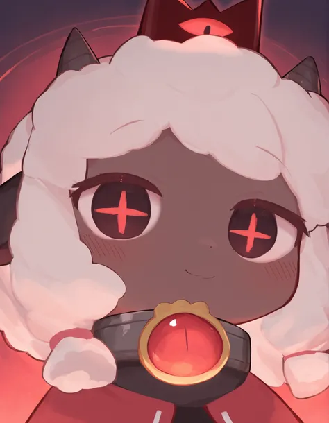 nakastyle,, masterpiece, best quality, very aesthetic, 1girl, solo, cult of the lamb, sheep girl, collar, horizontal pupils, red/black eyes, red crown,