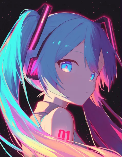 nakastyle,, Hatsune Miku,limited palette,black background,colorful,vibrant,glowing outline,neon,blacklight,looking at viewer, masterpiece, very aesthetic