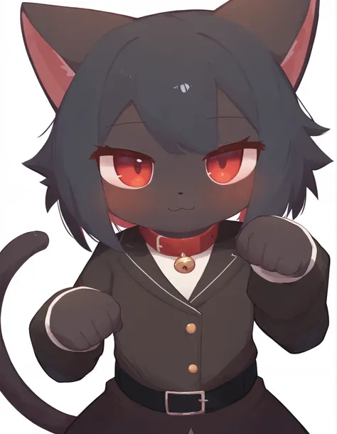 nakastyle,, masterpiece, best quality, very aesthetic, 1girl, solo, white background, looking at viewer, portrait, paw pose, :3, furry female, cat girl, animal ears, black hair, short hair, black skin, red eyes, cat tail, black jacket, buttons, long sleeve...