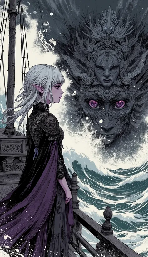 (A fusion of Ukiyo-e and dark fantasy. Aesthetic and gothic digital art. Draw a detailed face. Look away. Draw the picture at an angle.) BREAK 
(White hair. Blunt bangs. White eyebrows. Long white eyelashes. Almond-shaped eyes. Lavender eyes. Dark, thick e...