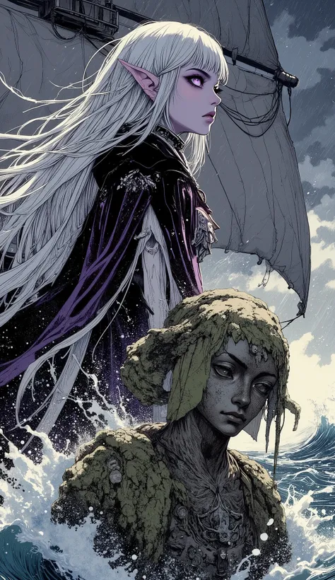 (A fusion of Ukiyo-e and dark fantasy. Aesthetic and gothic digital art. Draw a detailed face. Look away. Draw the picture at an angle.) BREAK (White hair. Blunt bangs. White eyebrows. Long white eyelashes. Almond-shaped eyes. Lavender eyes. Dark, thick ey...
