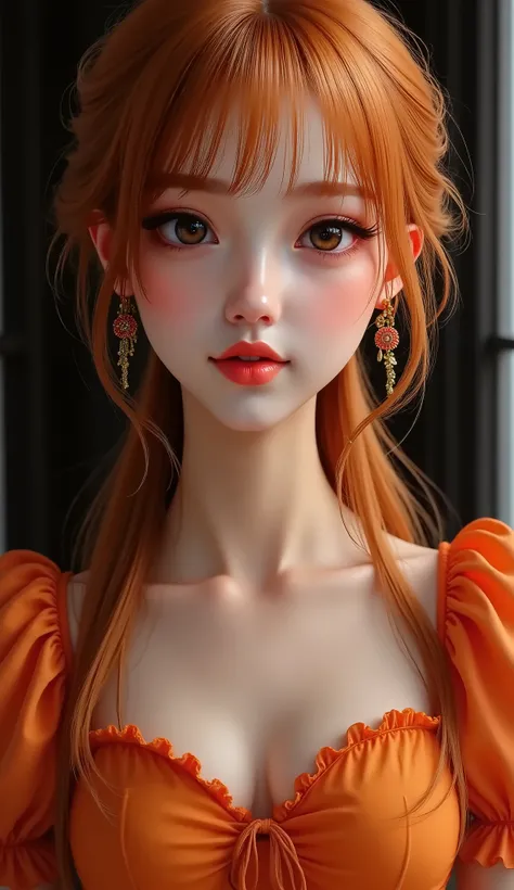 8K, masterpiece, top quality, Femme, Flamboyant orange hair, mouvement de cheveux semblables à des flammes, orange dress with puffed sleeves, dramatic lighting, fond sombre, fire goddess aesthetic, regard intense, ethereal beauty, high contrast eyes, coule...