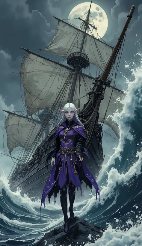 (A fusion of Ukiyo-e and dark fantasy. Aesthetic and gothic digital art. Draw a detailed face. Look away. Draw the picture at an angle.) BREAK
(White hair. Blunt bangs. White eyebrows. Long white eyelashes. Almond-shaped eyes. Lavender eyes. Dark, thick e...