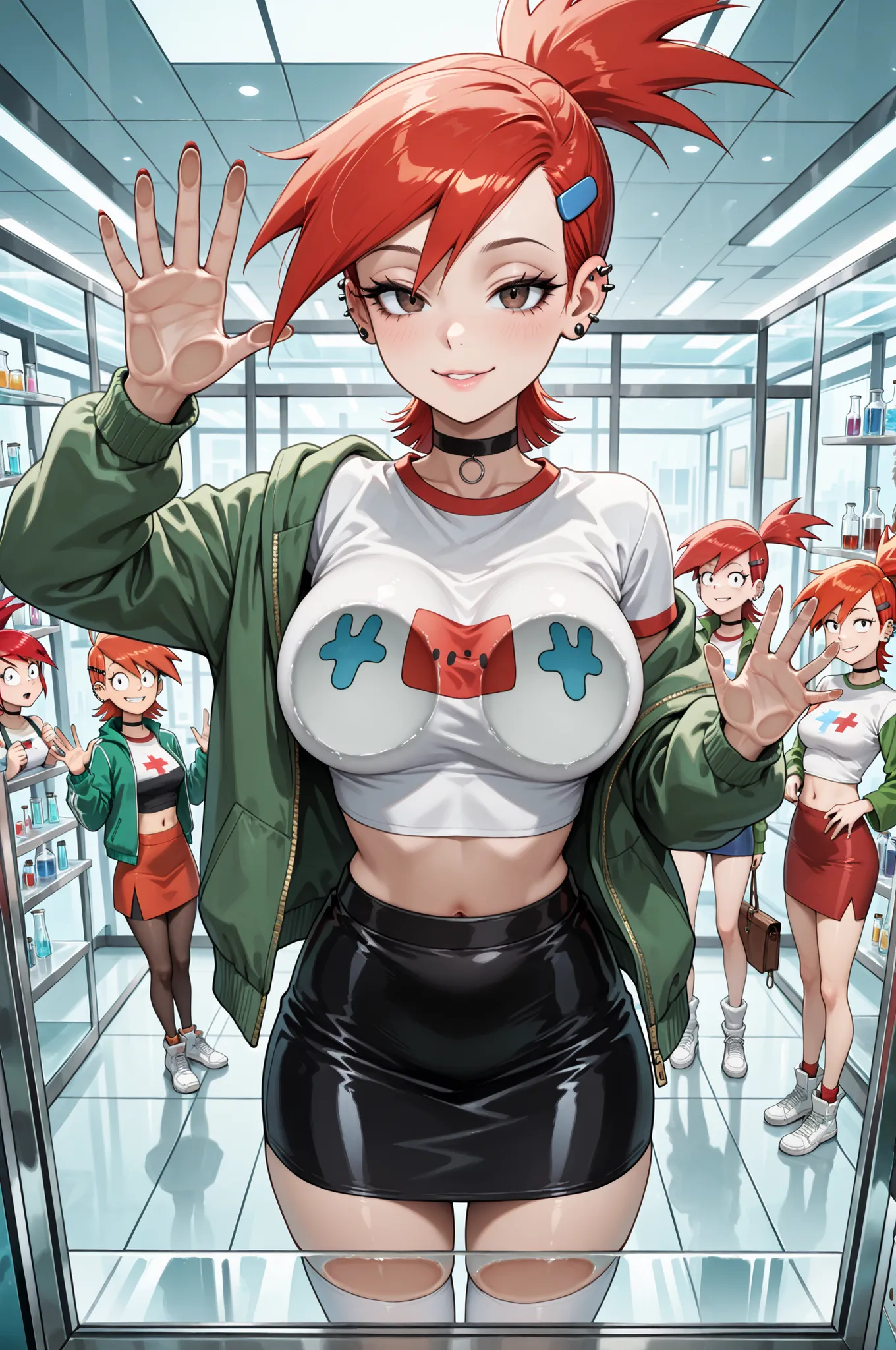 5girls, Frankie Foster, ponytail, choker, hairclip, hair ornament, shirt, green jacket, piercing, midriff, skirt, with red hair, inside a sterile white lab, all standing in a row behind a glass panel, looking at the viewer with seductive desire, pressed up...