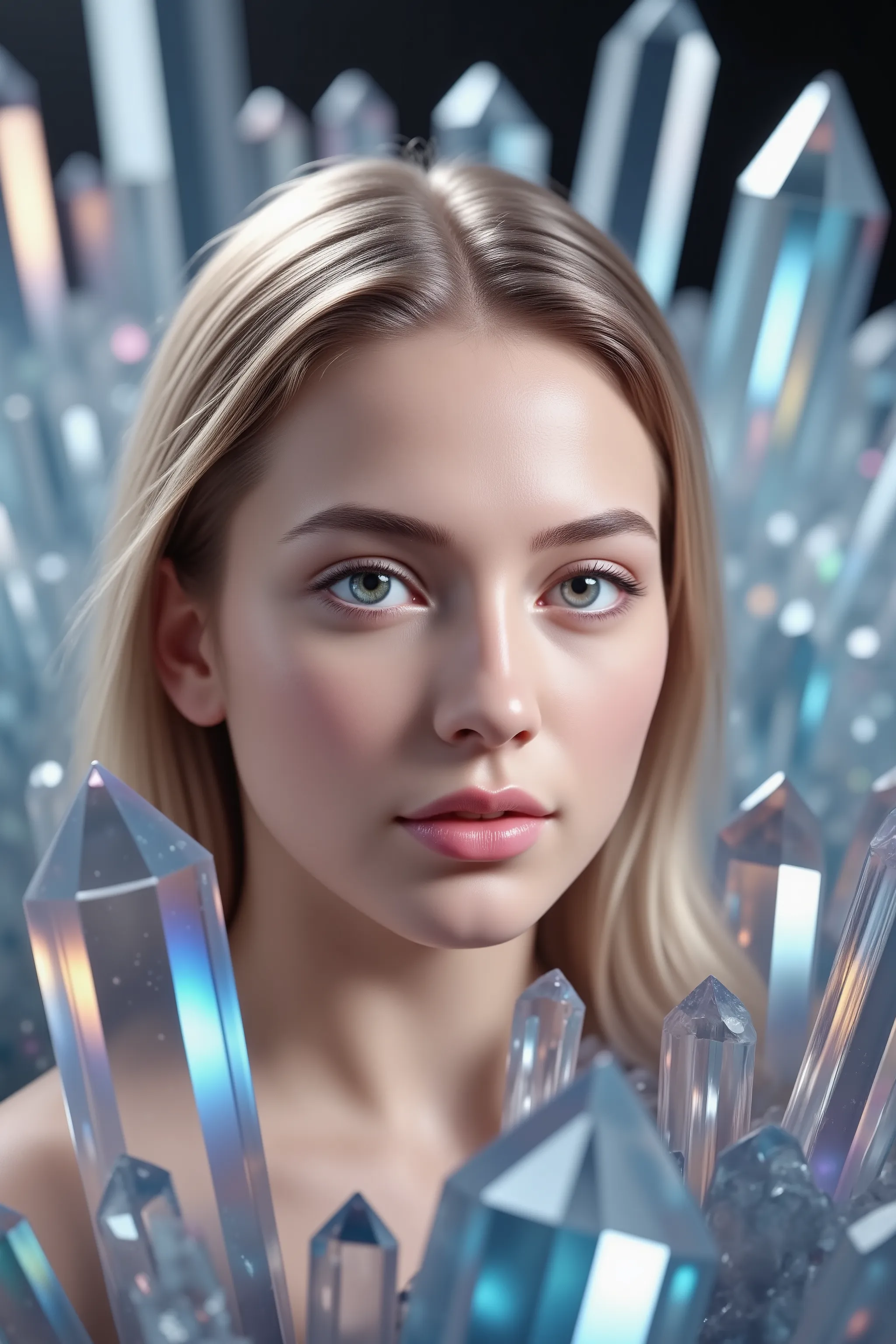 An extremely attractive young woman with thousands of different colored translucent, and clear quartz crystals as tall and taller than her,  coming up out of the ground all around her. Ultra-realistic, photo-realistic, ultra-detailed, 8k, professional movi...