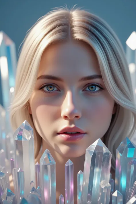 An extremely attractive young woman with thousands of different colored translucent, and clear quartz crystals as tall and taller than her,  coming up out of the ground all around her. Ultra-realistic, photo-realistic, ultra-detailed, 8k, professional movi...