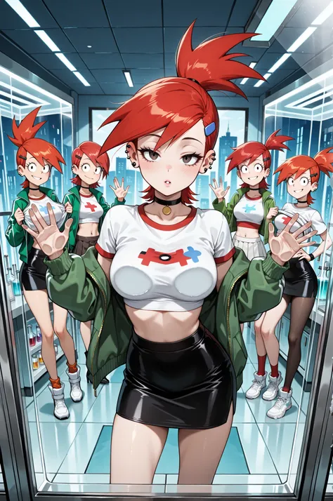 5girls, Frankie Foster, ponytail, choker, hairclip, hair ornament, shirt, green jacket, piercing, midriff, skirt, with red hair, inside a sterile white lab, all standing in a row behind a glass panel, looking at the viewer with seductive desire, pressed up...
