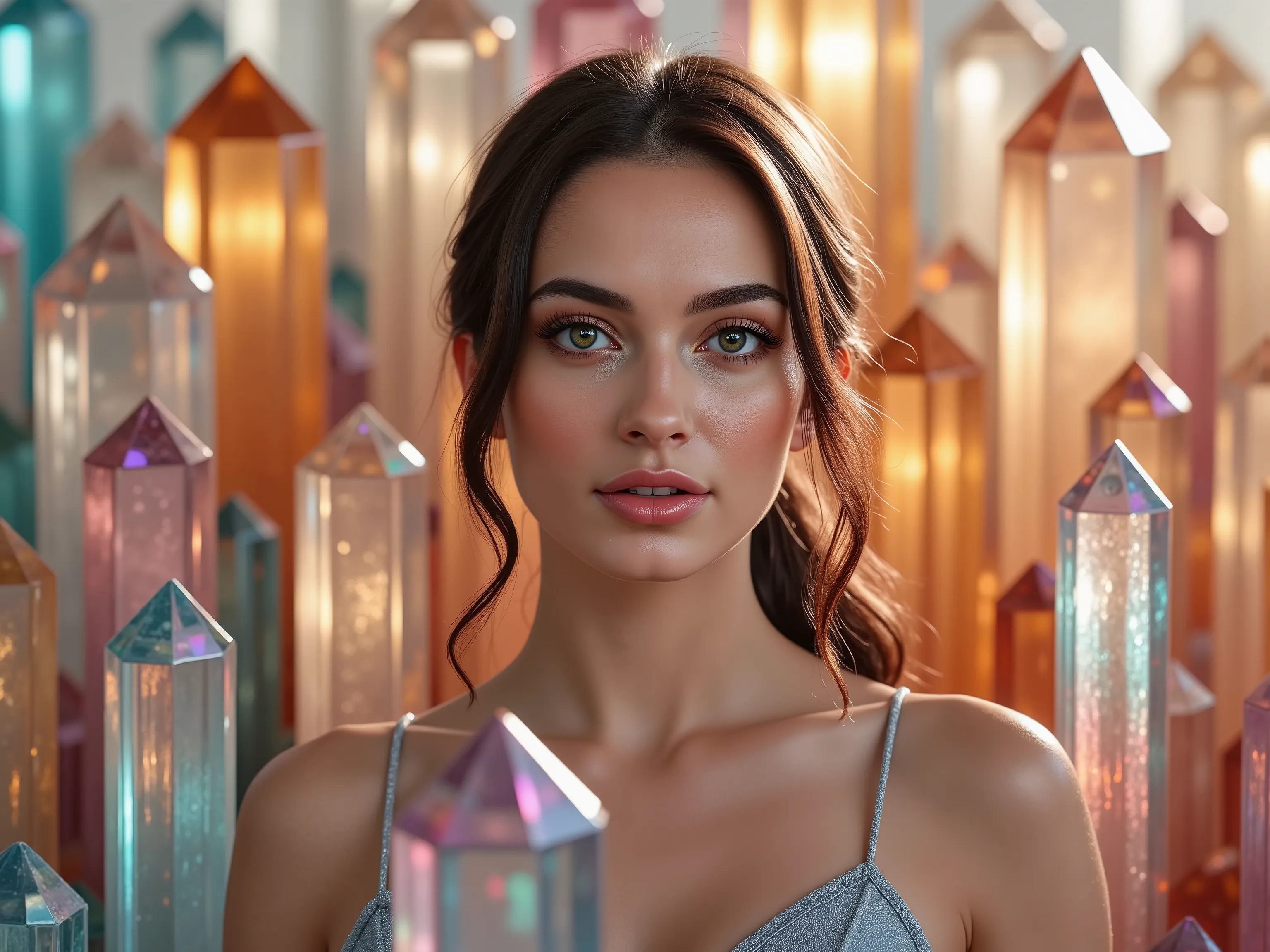  Thousands of different colored translucent and clear quartz crystals, protruding up out of the ground 6 to 18 feet tall, that are as thick as a man's leg or bigger. They completely surround  a beautiful European woman with green eyes. Eye contact, incredi...