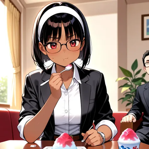 One woman, solo, black hair, short hair, red eyes, pouting mouth, nervous, short bob, (brown skin), with bangs, sitting, (eating shaved ice on the table)), hot expression, complicated face, (sweating), (left hand resting on elbow, right hand holding spoon)), (indoors, warm lighting, upper body, (glasses), (black suit jacket, sleeves rolled up)), open jacket, white collared shirt, silver watch, (white headband)), black pants, brown belt, morning audience, plants, curtains, living room at home, ⦅, perfect hands, cute, blurred background, masterpiece, very beautiful! A masterpiece, top quality,
