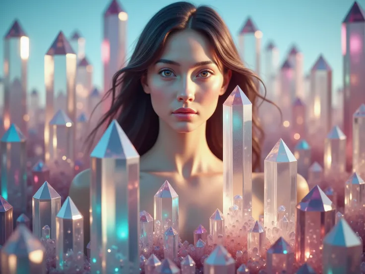 An extremely attractive young woman with thousands of different colored translucent, and clear quartz crystals as tall and taller than her,  coming up out of the ground all around her. Ultra-realistic, photo-realistic, ultra-detailed, 8k, professional movi...