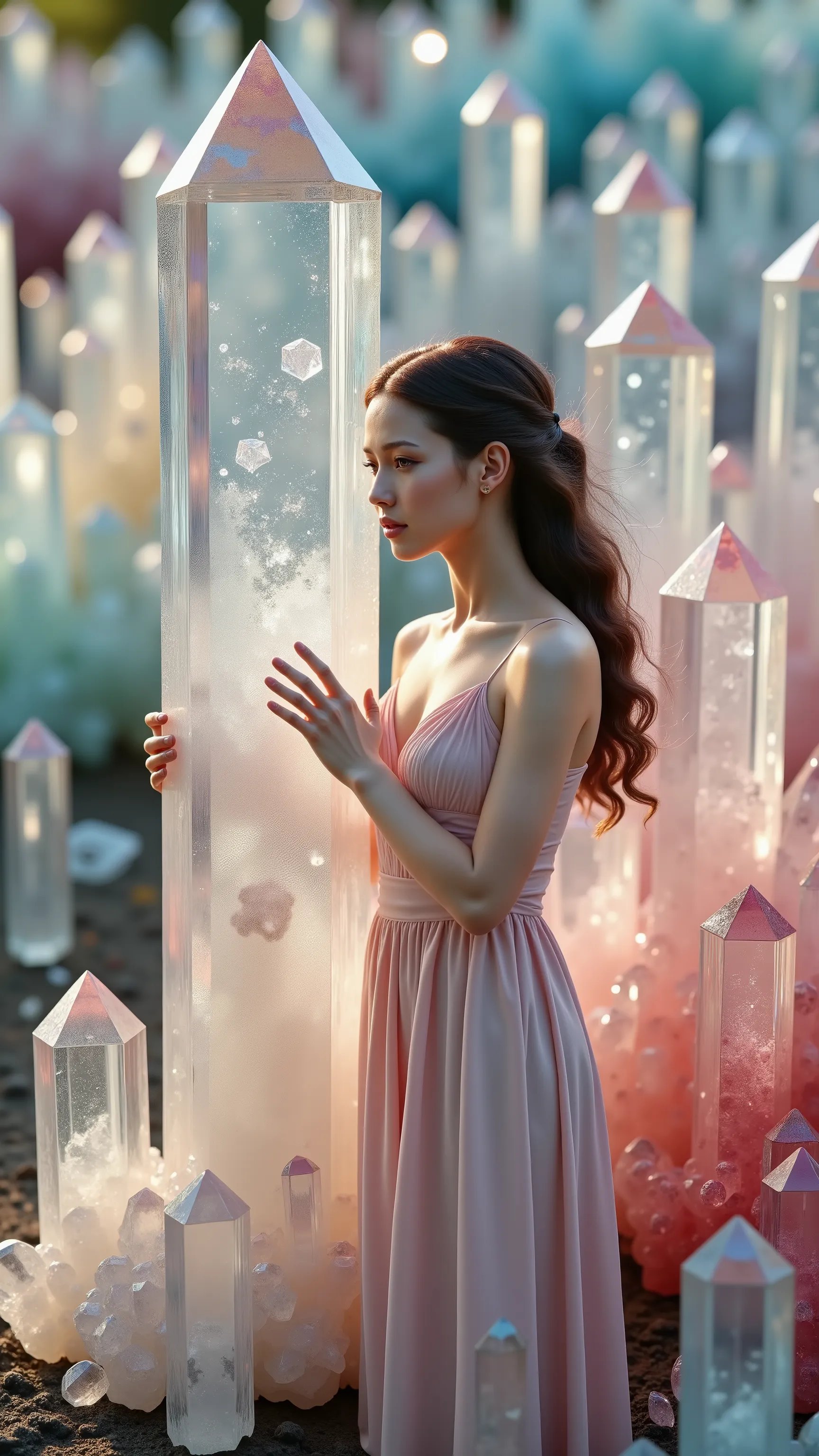 An extremely attractive young woman wearing a long dress has thousands of different colored translucent and clear quartz crystals as tall and taller than her, as thick and thicker than her, coming up out of the ground all around her. Ultra-realistic, photo...