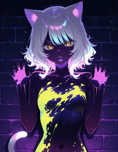 ultraviolet light, black background, glowing, glowing hair, glowing eyes, bodypaint, multicolored paint,, 1girl, petite, (skinny and frail:0.7), cat girl, against wall, stone wall, brown eyes,looking at viewer, grey hair, medium hair, messy hair, angry, (s...