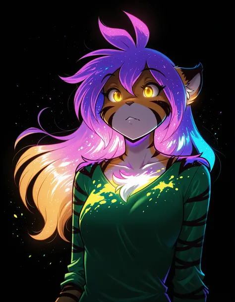 ultraviolet light, black background, glowing, glowing hair, glowing eyes, bodypaint, multicolored paint,, masterpiece, best quality, very aesthetic, 1girl,, furry, solo, flora-twokinds, flora_twokinds,, tiger, striped fur, keidran, yellow eyes, anthro,, gr...