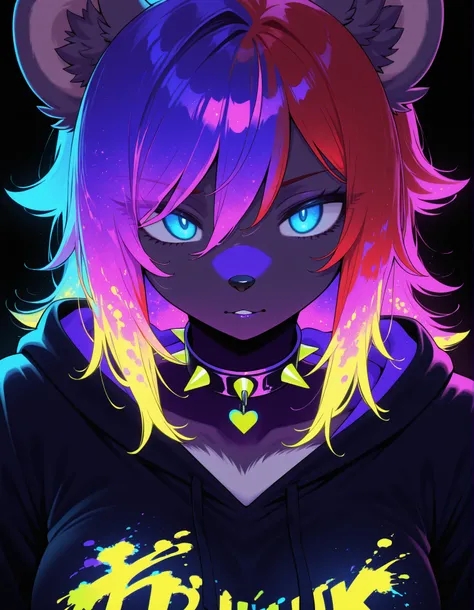 ultraviolet light, black background, glowing, glowing hair, glowing eyes, bodypaint, multicolored paint,, 1girl, solo, anthro hyena, furry, furry female, blue eyes, punk, grey fur, black hoodie, breast, spike collar, red hair,