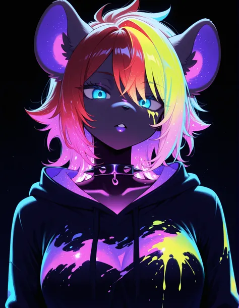 ultraviolet light, black background, glowing, glowing hair, glowing eyes, bodypaint, multicolored paint,, 1girl, solo, anthro hyena, furry, furry female, blue eyes, punk, grey fur, black hoodie, breast, spike collar, red hair,