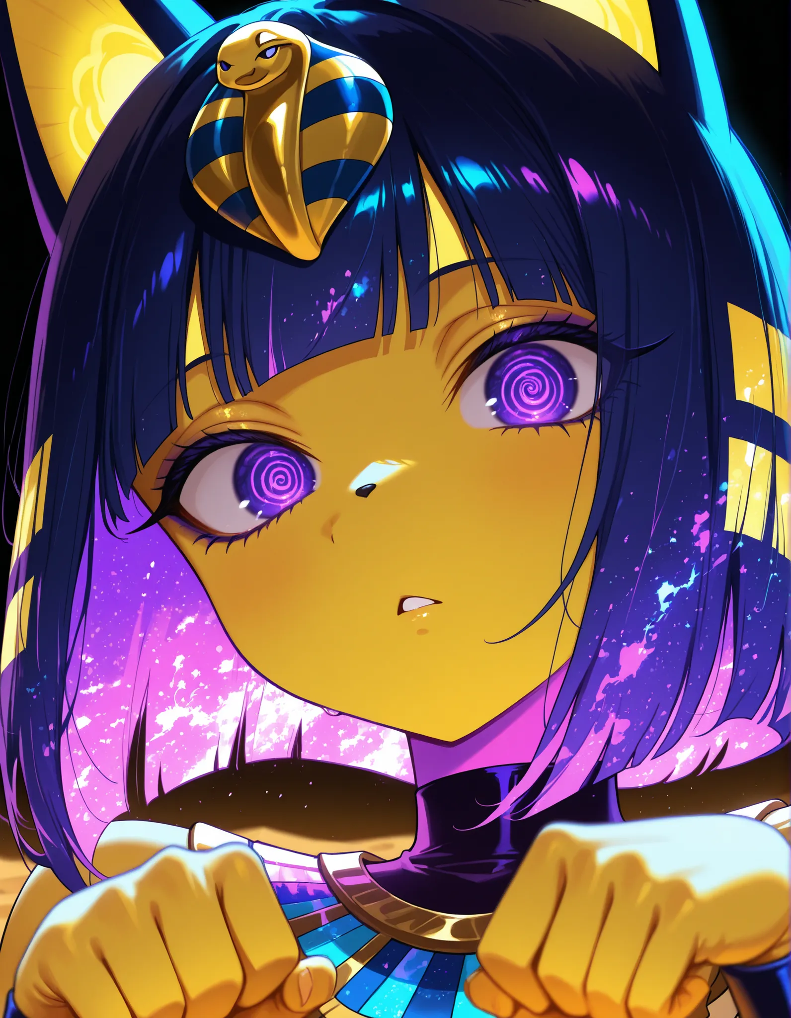 ultraviolet light, black background, glowing, glowing hair, glowing eyes, bodypaint, multicolored paint,, depth of field, 1girl, furry, ankha \(animal crossing\), expressionless, eye reflection, yellow background, yellow theme, blue background, desert, spi...