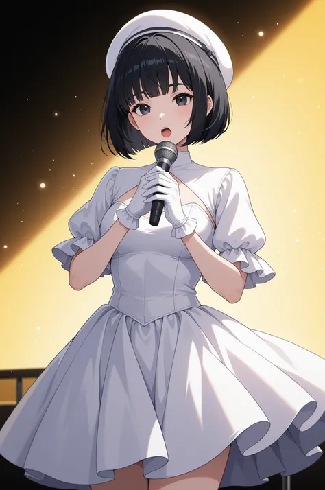 mayahell,black hair,dark eyes,bob cut,solo,standing、white dress、white beret、white gloves、singing on stage、studio、