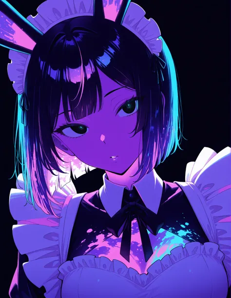 ultraviolet light, black background, glowing, glowing hair, glowing eyes, bodypaint, multicolored paint,, one woman、solo, Maya Hell,black eyes,dark hair,bob cut,Maid Outfit、White Apron、White Headdress、 with rabbit ears、cafe