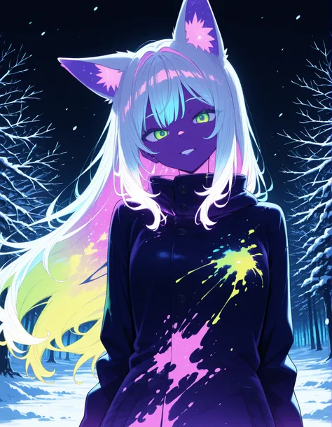 ultraviolet light, black background, glowing, glowing hair, glowing eyes, bodypaint, multicolored paint,, anime, BREAK, young fox girl,skinny and frail,(petite,cute:0.5), green eyes,looking at viewer, long hair,white hair, smile, winter clothes, outdoors,w...